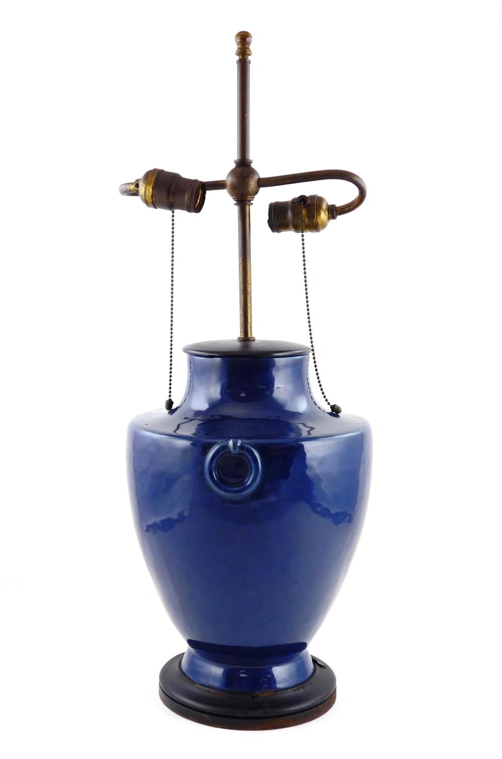 Appraisal: Cobalt blue glazed ceramic table lamp urn form with faux