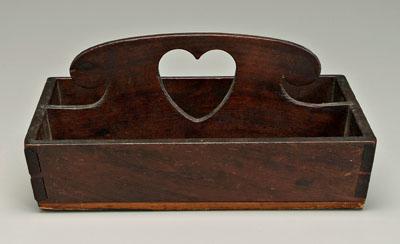 Appraisal: Dovetailed walnut cutlery box carrying handle with heart cutout American