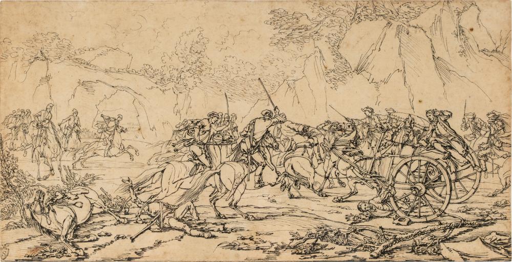 Appraisal: ATTRIBUTED TO PHILIPS WOUWERMAN - An Attack pen and ink