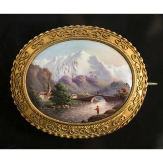 Appraisal: k Cased Victorian Pin Hand painted miniature in k gold