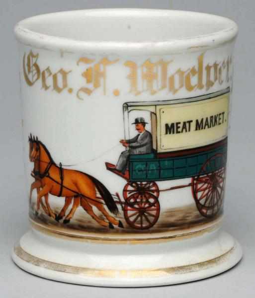 Appraisal: Horse-Drawn Meat Wagon Shaving Mug Gilt name Geo F Moelper