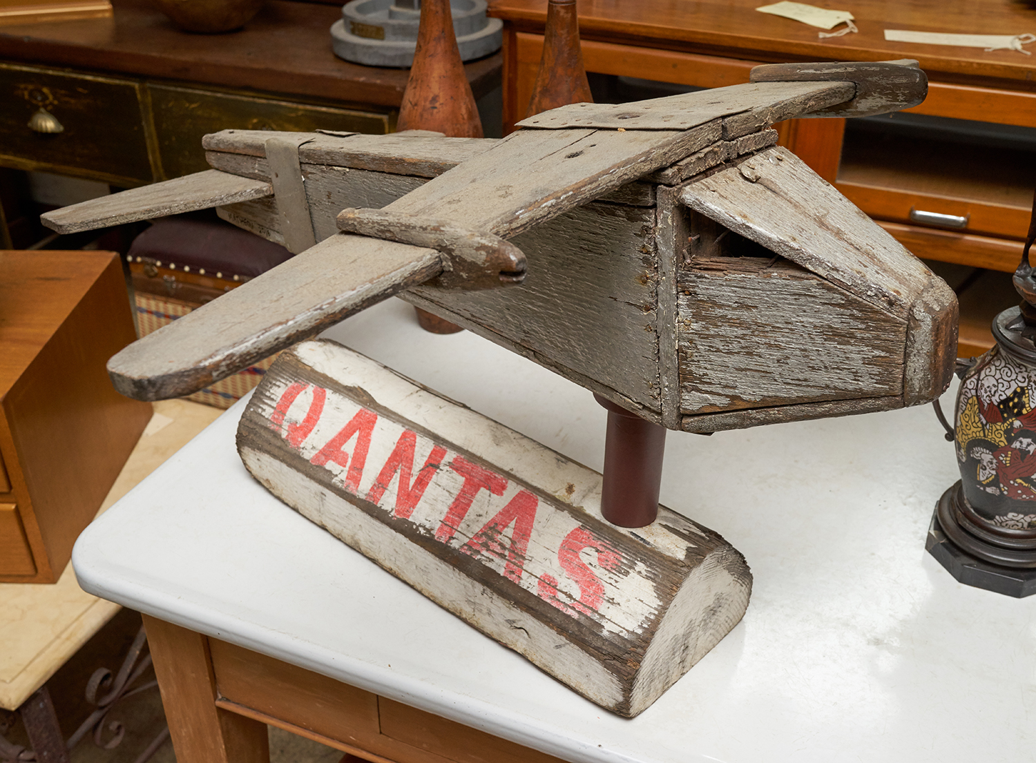 Appraisal: A VINTAGE HAND MADE CHILDRENS AEROPLANE Timber hand painted Qantas