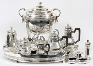 Appraisal: SILVERPLATED TEA COFFEE SERVICE SILVERPLATED TEA COFFEE SERVICE Having ebonized