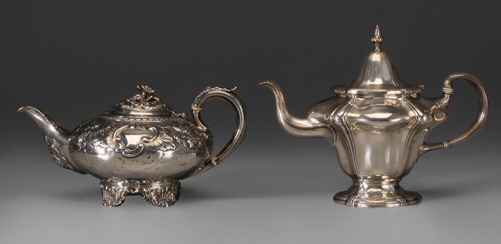 Appraisal: Two Sterling Teapots London repouss floral and scroll decoration floral