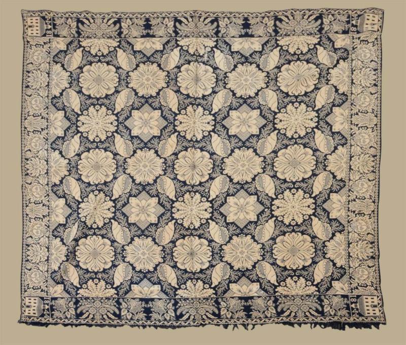 Appraisal: Two-Piece Blue and White Overshot Coverlet Description Dated Overall floral