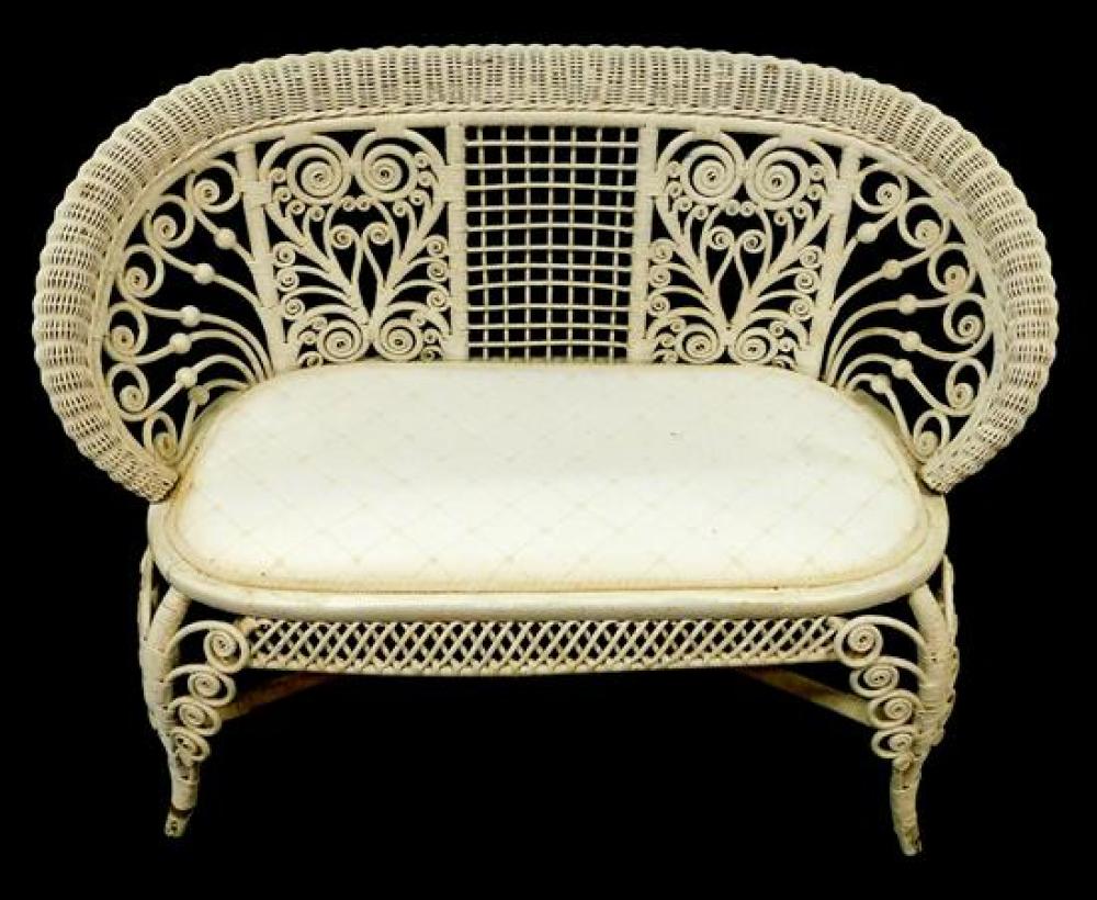 Appraisal: Wicker settee with scrollwork and white painted finish th C