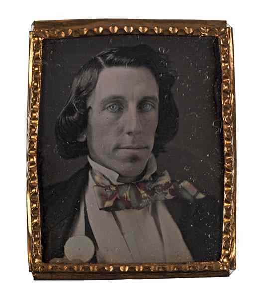 Appraisal: Daguerreotype of Young Man with Colorful Cravat Pocket Watch Striking