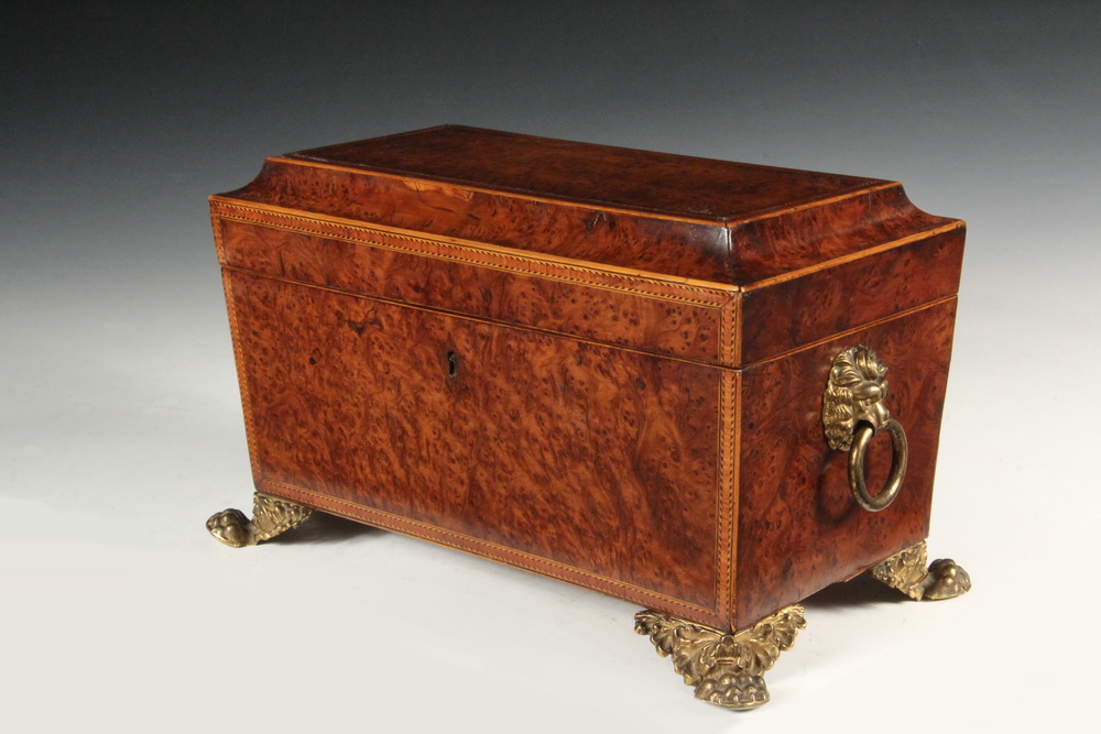 Appraisal: TEA CADDY - Choice English Sarcophagus Form Burled Yew Wood