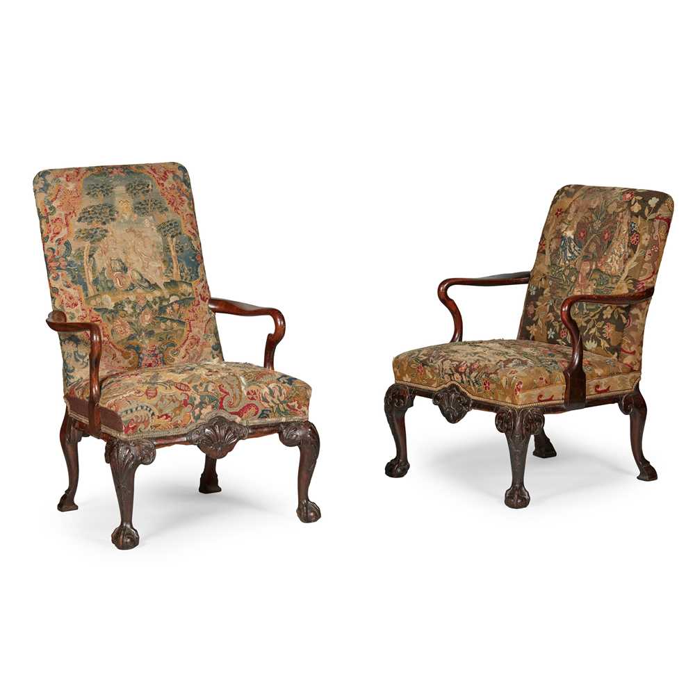 Appraisal: MATCHED PAIR OF GEORGE II WALNUT ARMCHAIRS EARLY TH CENTURY