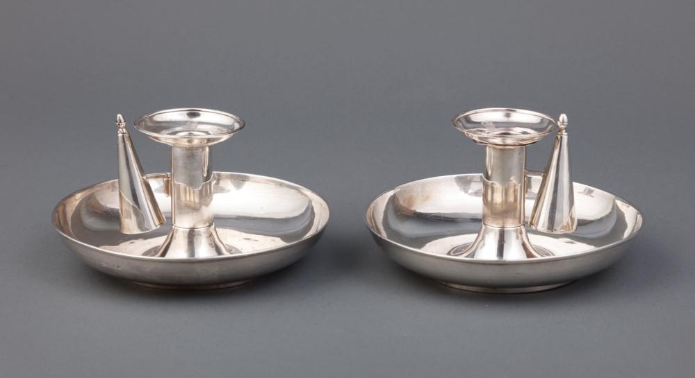 Appraisal: Pair of Crested George III Sterling Silver Chambersticks John Robins