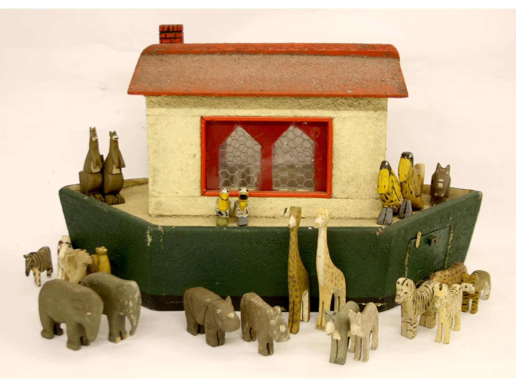 Appraisal: Good antique scratch built Noah's Ark containing a collection of