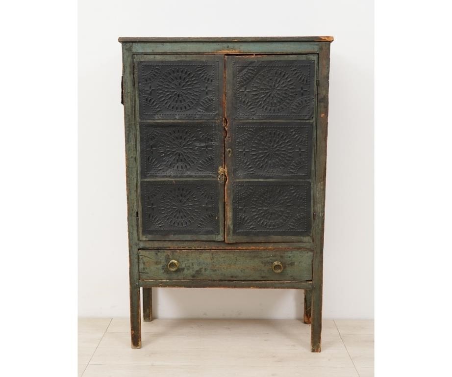 Appraisal: Blue green punched tin pie safe th c h x