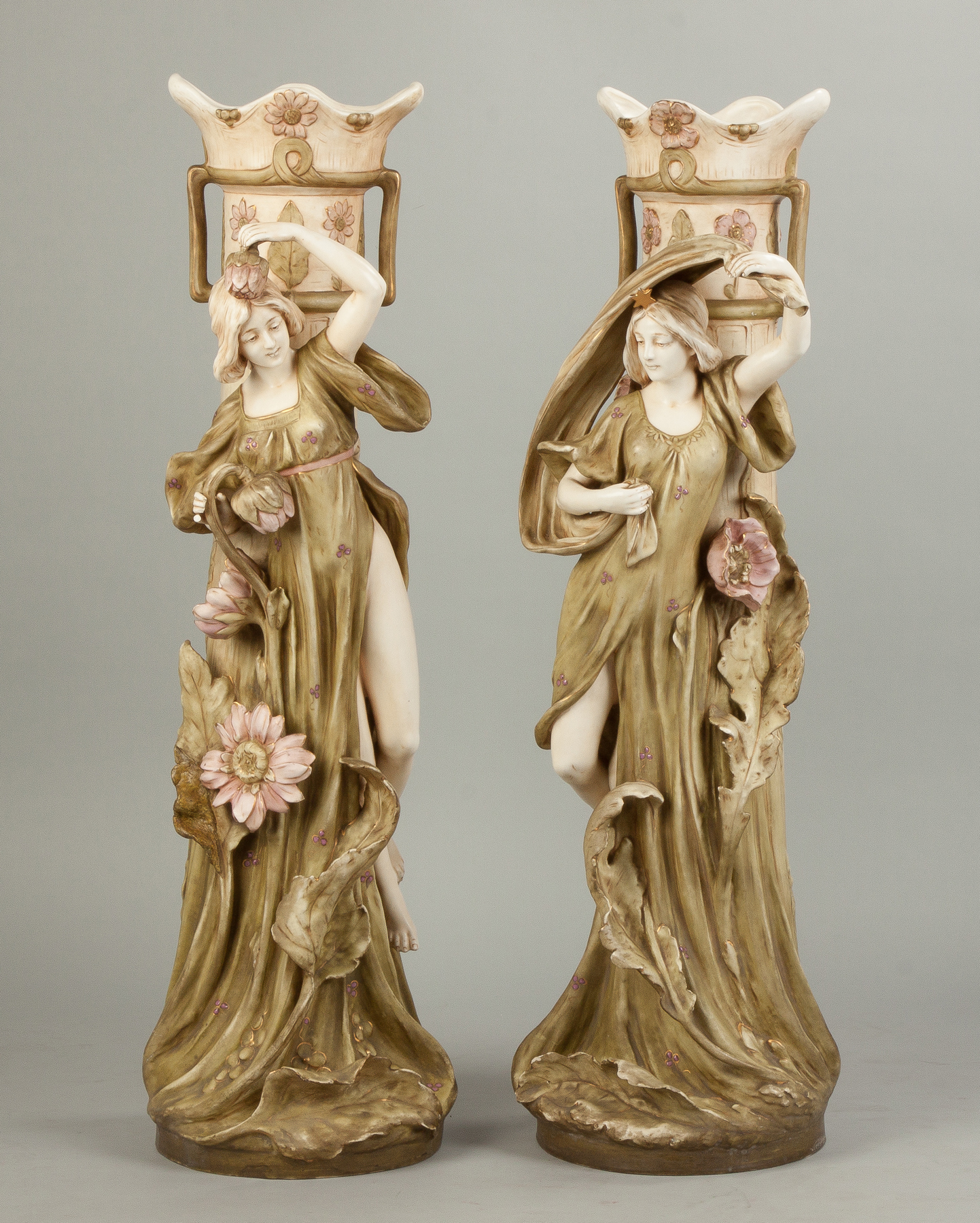 Appraisal: Pair of Royal Dux Floor Vases with Art Nouveau Women