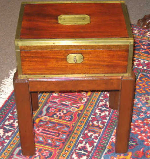 Appraisal: ENGLISH TH CENTURY MAHOGANY SEWING BOX ON STAND Brass bound