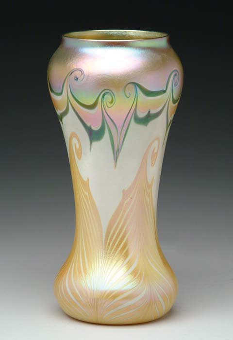 Appraisal: QUEZAL DECORATED VASE Lovely Quezal vase has yellow and white