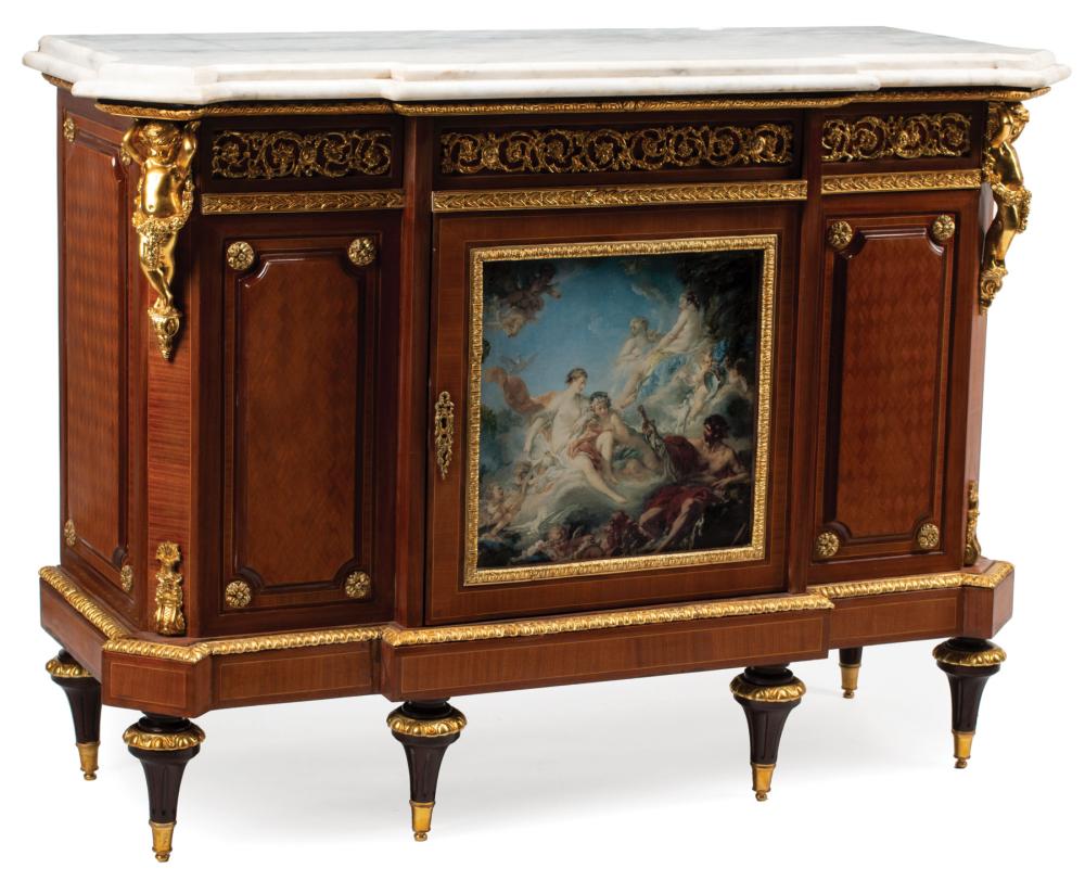 Appraisal: Louis XVI-Style Dore Bronze and Porcelain Mounted Parqeutry Cabinet stepped