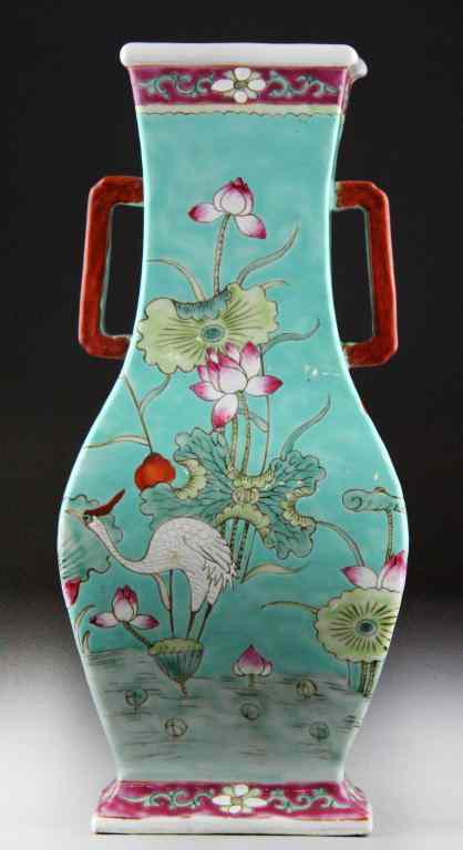 Appraisal: Chinese Famille Rose Porceling Hu VaseFinely enamelled to depict cranes