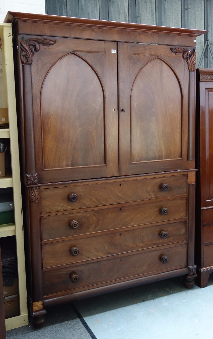 Appraisal: A William IV mahogany linen press with pair of Gothic