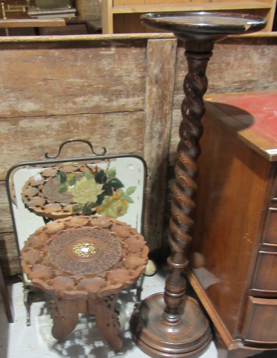 Appraisal: An Indian carved hardwood occasional table an oak barley-twist jardiniere