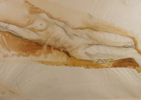 Appraisal: Robert Lenkiewicz - Reclining nude unfinished watercolour and charcoal on