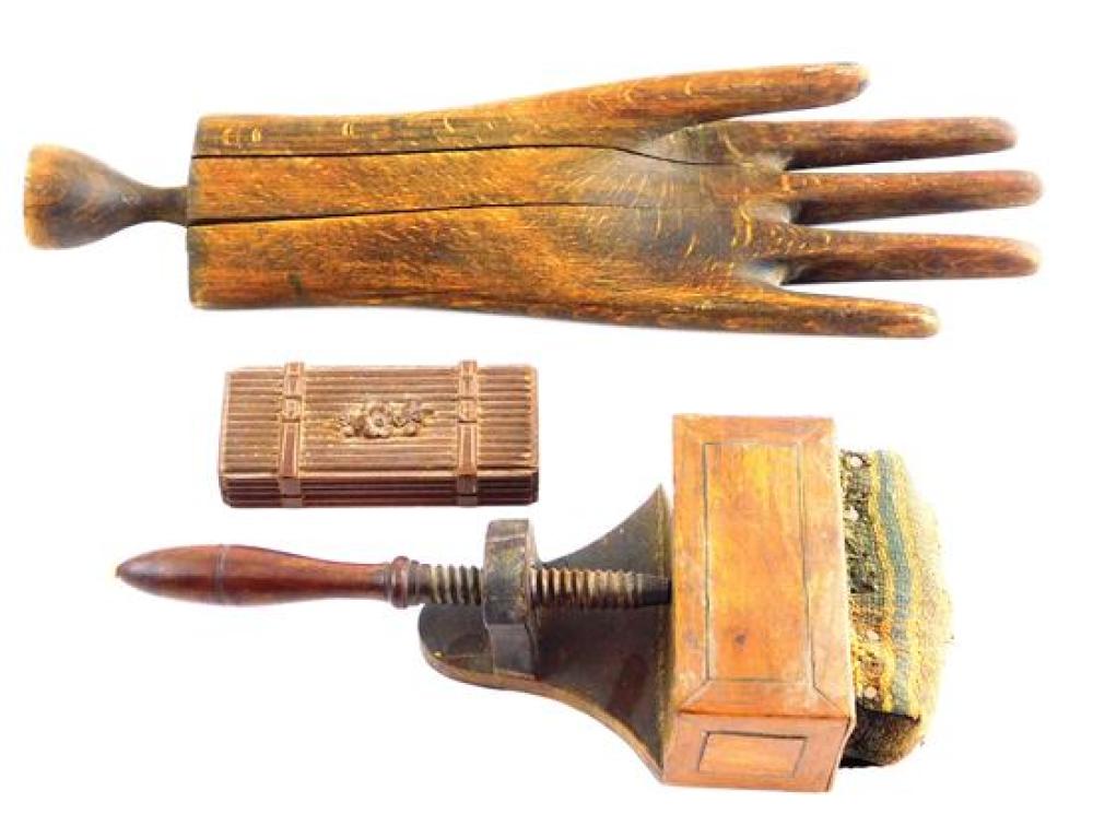 Appraisal: Early wooden sewing objects three items glove stretcher small box