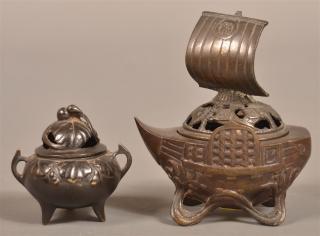 Appraisal: Two Vintage Japanese Bronze Incense Burners Ship form - h