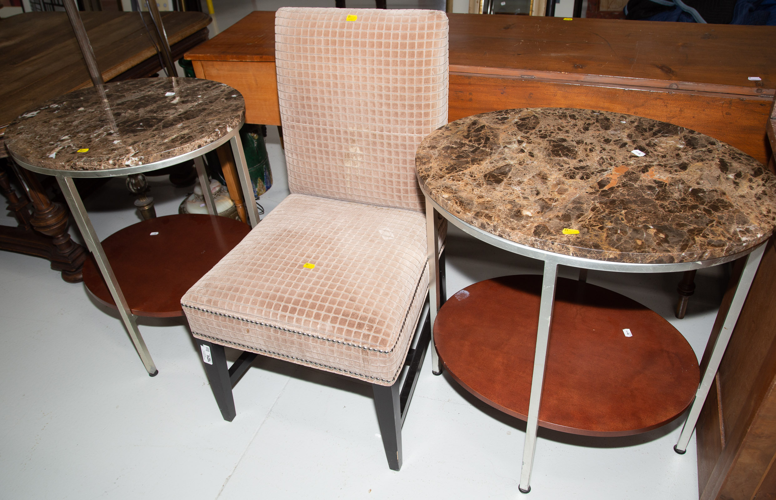 Appraisal: A PAIR OF MODERN STYLE END TABLES A CHAIR Comprising