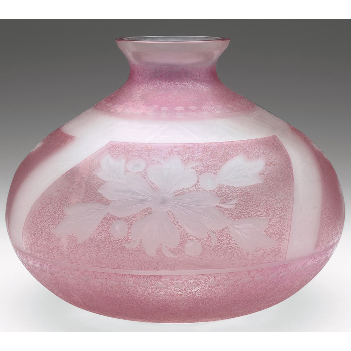 Appraisal: Art Glass vase large bulbous shape in frosted and pink