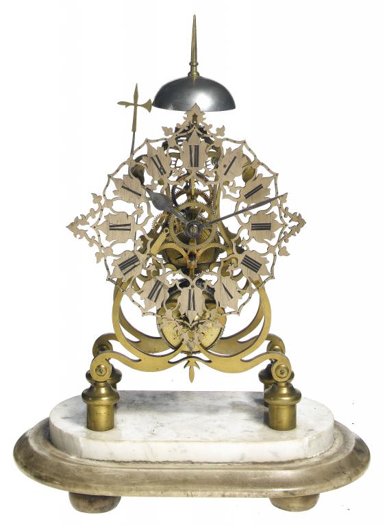 Appraisal: A VICTORIAN BRASS SKELETON CLOCK with skeletonised and silvered chapter