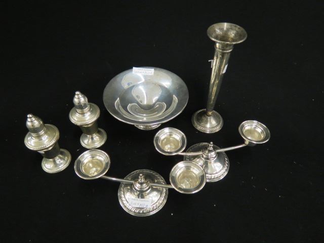 Appraisal: pcs Sterling Silver low candleabras bud vase compote salt pepper