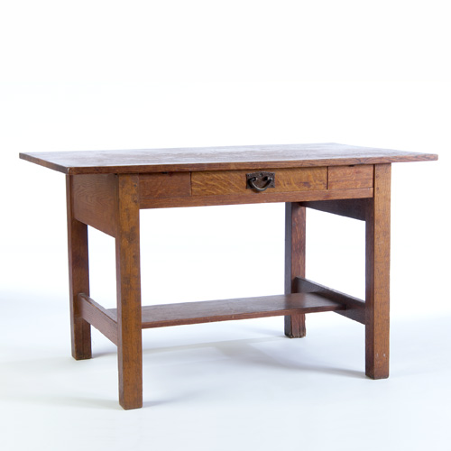 Appraisal: GUSTAV STICKLEY Single-drawer library table with overhanging top and copper