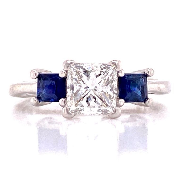 Appraisal: Diamond Sapphire Platinum Engagement Ring GIA Diamond Sapphire Three Stone