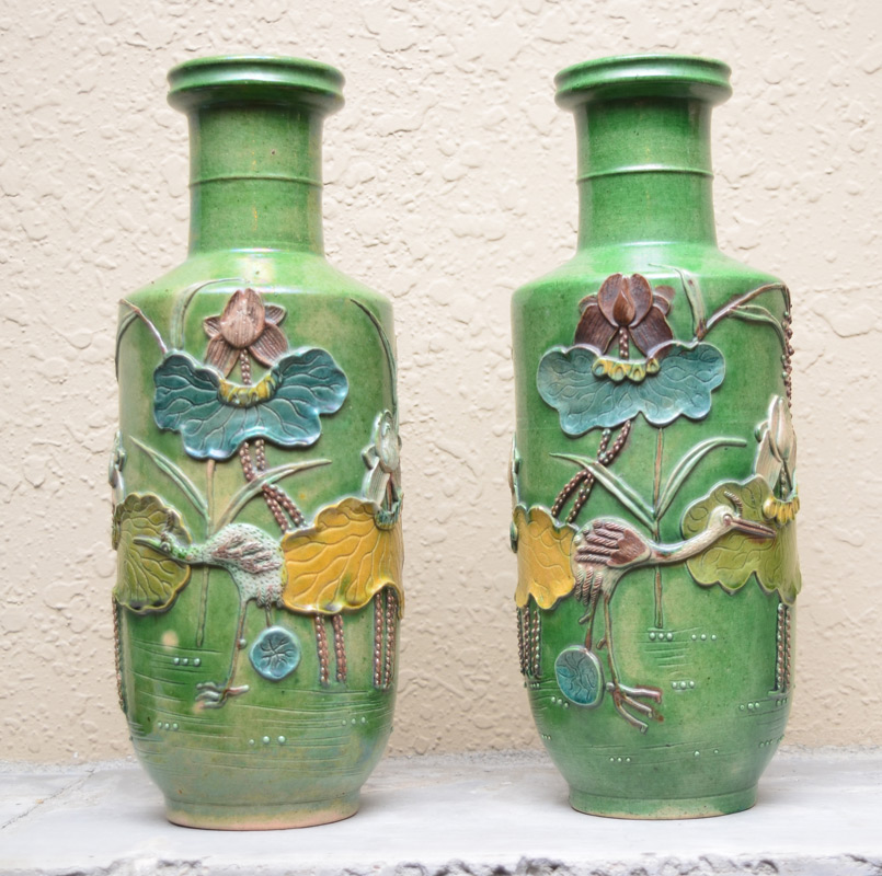 Appraisal: PAIR TALL CHINESE LOTUS VASES Qing Dynasty pair of Chinese