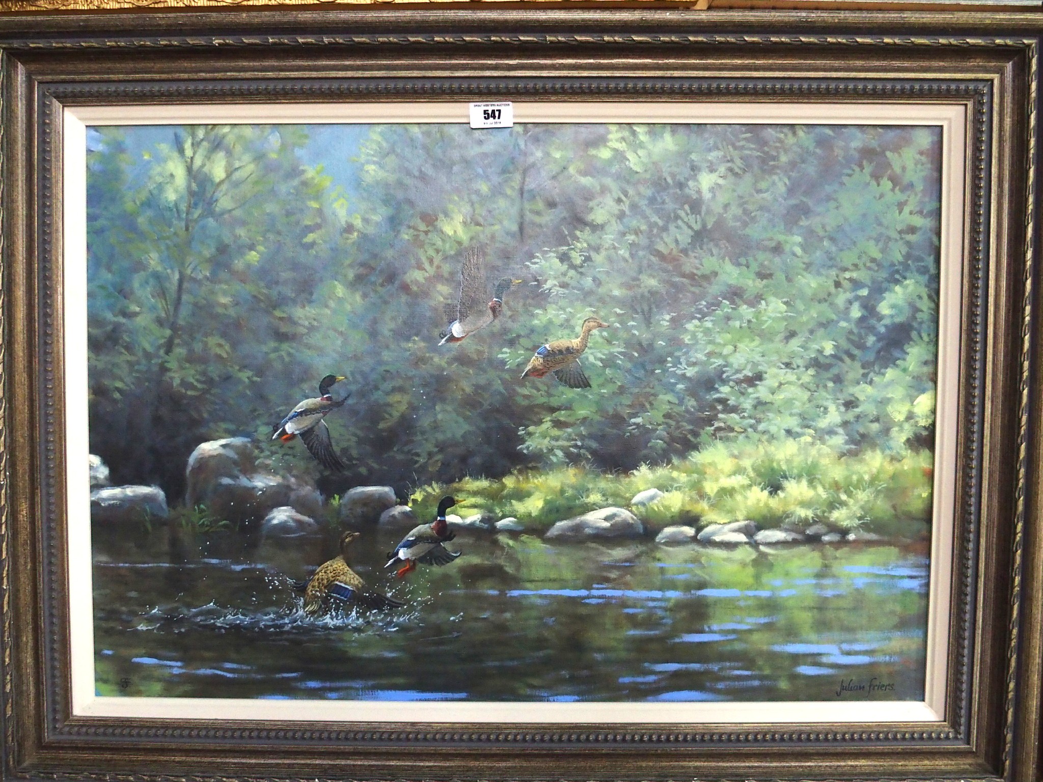 Appraisal: JULIAN FRIERS Mallard ducks and drakes taking off signed oil