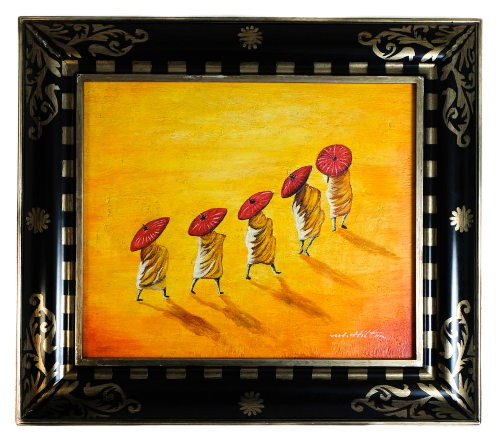 Appraisal: CONTEMPORARY OIL CANVAS MONKS W UMBRELLASContemporary oil on canvas depicting