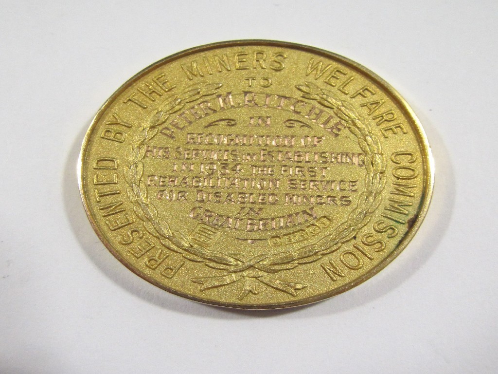 Appraisal: Nine carat gold Miners medal presented by The First Rehabilitation