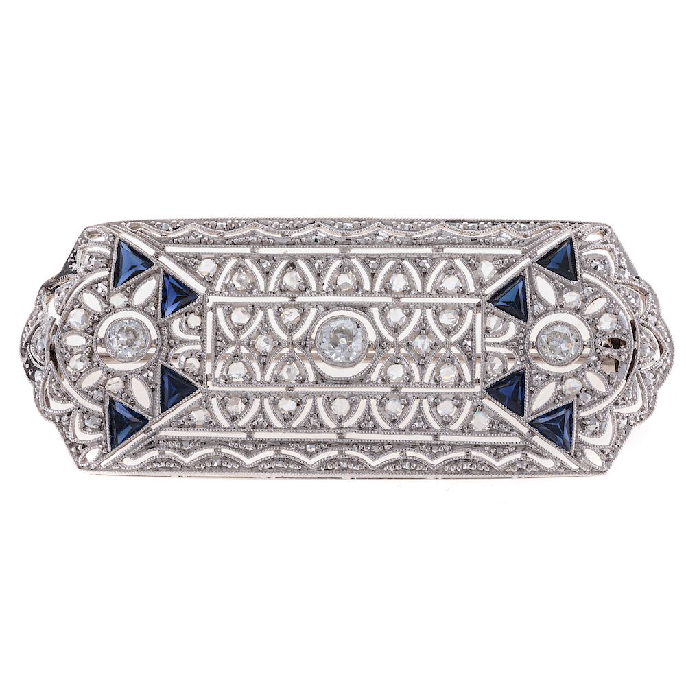 Appraisal: A Filigree Diamond Sapphire Bar Pin in Platinum Art Deco