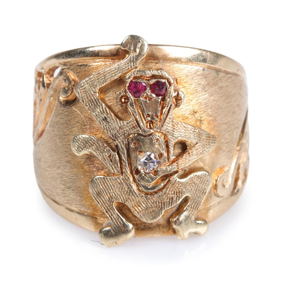 Appraisal: Vintage estate k yellow gold ruby and diamond monkey statement