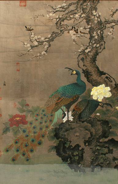 Appraisal: Painting of Peacocks on silk th Century height ft in