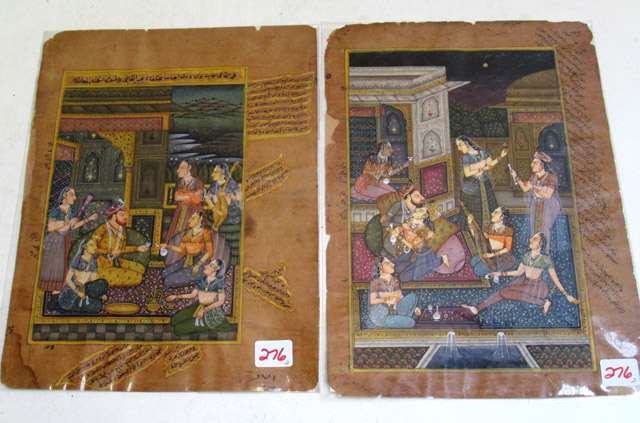 Appraisal: TWO PERSIAN MANUSCRIPT LEAVES depicting interior palace genre scenes featuring