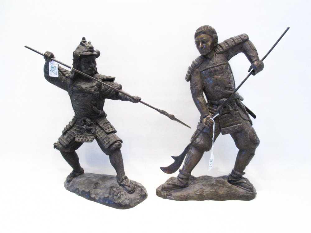 Appraisal: TWO PATINATED BRONZE FIGURAL SCULPTURES each depicting a Japanese Samurai