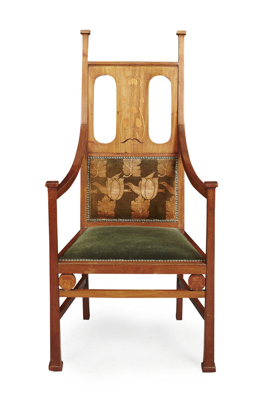 Appraisal: LIBERTY CO LONDON ART NOUVEAU MAHOGANY AND MARQUETRY INLAID ARMCHAIR