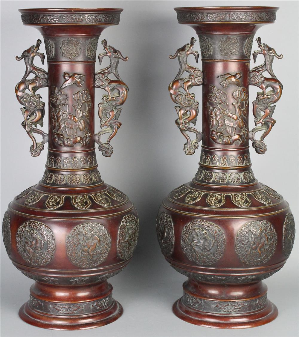 Appraisal: PAIR OF JAPANESE BRONZE VASES cast of baluster form with