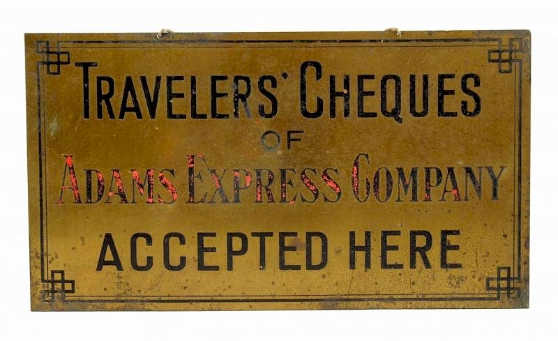 Appraisal: Adams Express Company Travelers Cheques Brass Sign This sign has