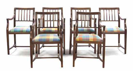 Appraisal: A Set of Six Teak Armchairs the straight crest rail