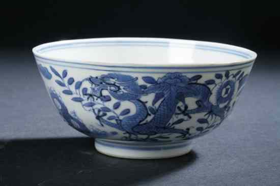 Appraisal: CHINESE BLUE AND WHITE PORCELAIN DRAGON BOWL Qianlong four character