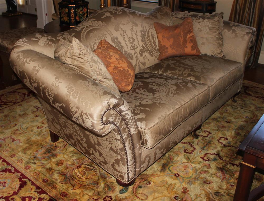 Appraisal: CHINOISERIE TAUPE SILK UPHOLSTERED SOFA POSSIBLY DONGHIA having a tight