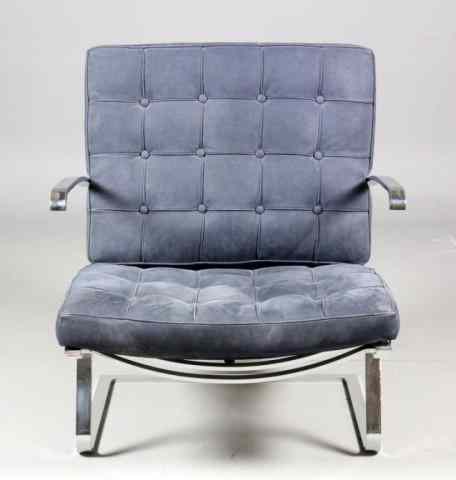 Appraisal: Dark Blue Suede Barcelona-Style ChairContemporary arm chair in Barcelona style