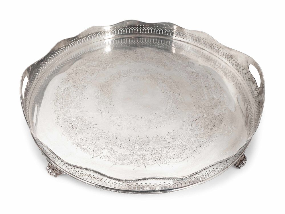 Appraisal: An English Silverplate Two-Handled Galleried and Footed Circular Tray Height