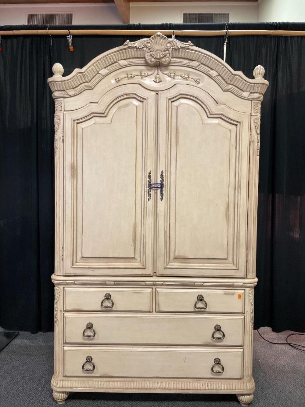 Appraisal: FRENCH PROVINCIAL STYLE CONTEMPORARY WHITEWASH FINISH ENTERTAINMENT CONSOLE ARMOIRE WITH